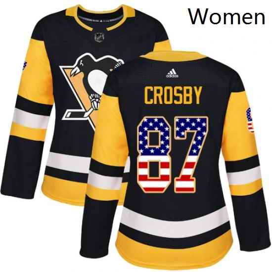 Womens Adidas Pittsburgh Penguins 87 Sidney Crosby Authentic Black USA Flag Fashion NHL Jersey